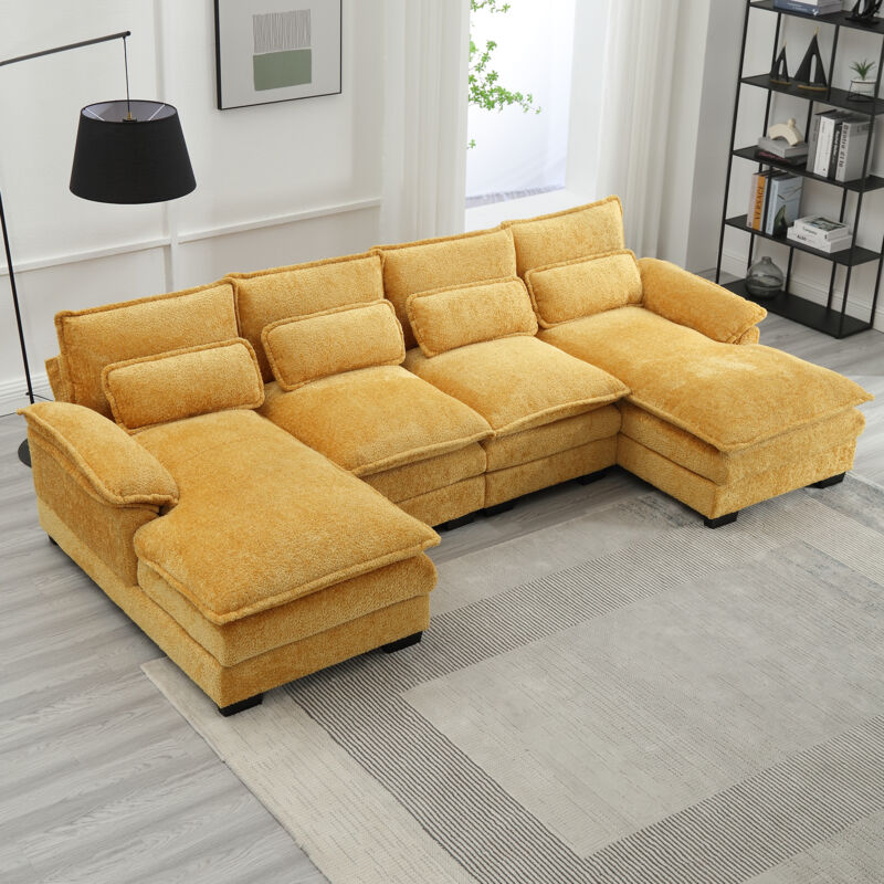 Canapé moderne en u, canapé modulable avec 4 places, 4 coussins lombaires, structure en bois et cadre en fer pour salon, jaune