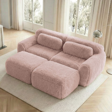Canapé Modulable 2 Places, Convertible avec 2 Ottomans, Sans Montage, Assise Large, Tissu Peluche, Rose