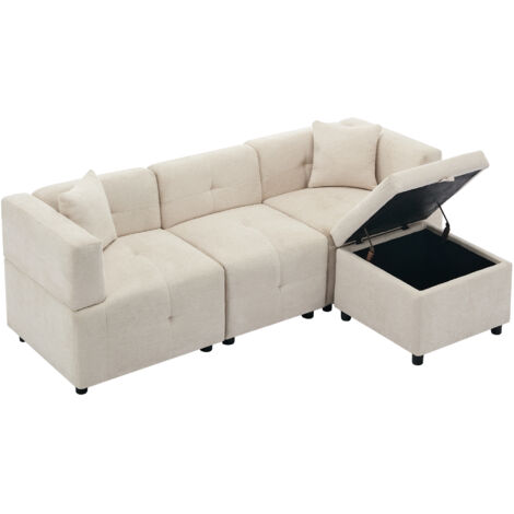 Canapé Modulable 204x126x69 Cm En Chenille Beige, 3 Places Avec Pouf Coffre Modulable Et 2 Coussins