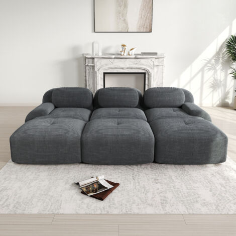 Canapé modulable 3 Places avec Poufs – Velours Côtelé, Accoudoirs Extra-Larges, Garnissage 32D Haute Élasticité – Gris