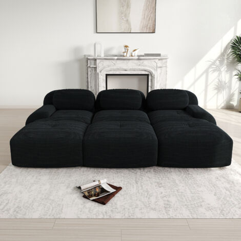 Canapé modulable 3 Places avec Poufs – Velours Côtelé, Accoudoirs Extra-Larges, Garnissage 32D Haute Élasticité – Noir