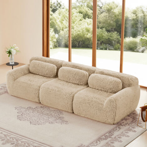 Canapé Modulable 3 Places Profond, Tissu Peluche Ergonomique, Sans Assemblage, Capuccino