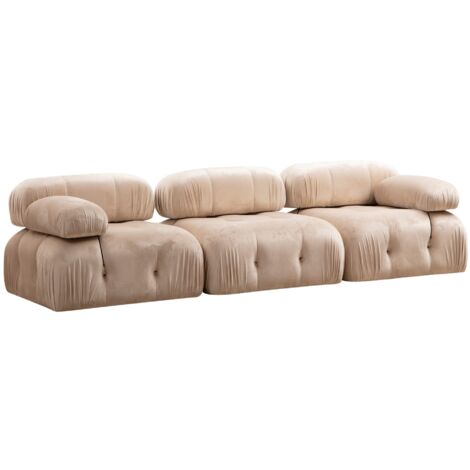 Canapé modulable 3 places velours Bubble-Couleur Beige clair