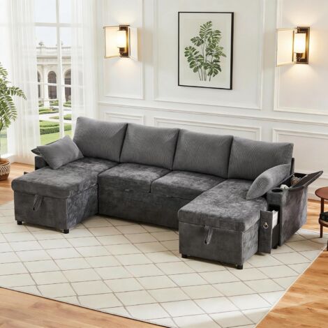 Canapé modulable 4 places avec porte-gobelet,canapé d'angle en U avec espace de rangement,canapé lit convertible lit avec fonction couchage(Gris)