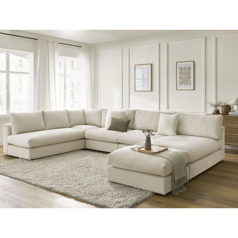 Canapé d'angle modulable paris velours côtelé avec 3 chauffeuses, 1 méridienne, 1 angle, et 1 pouf Beige - Bobochic