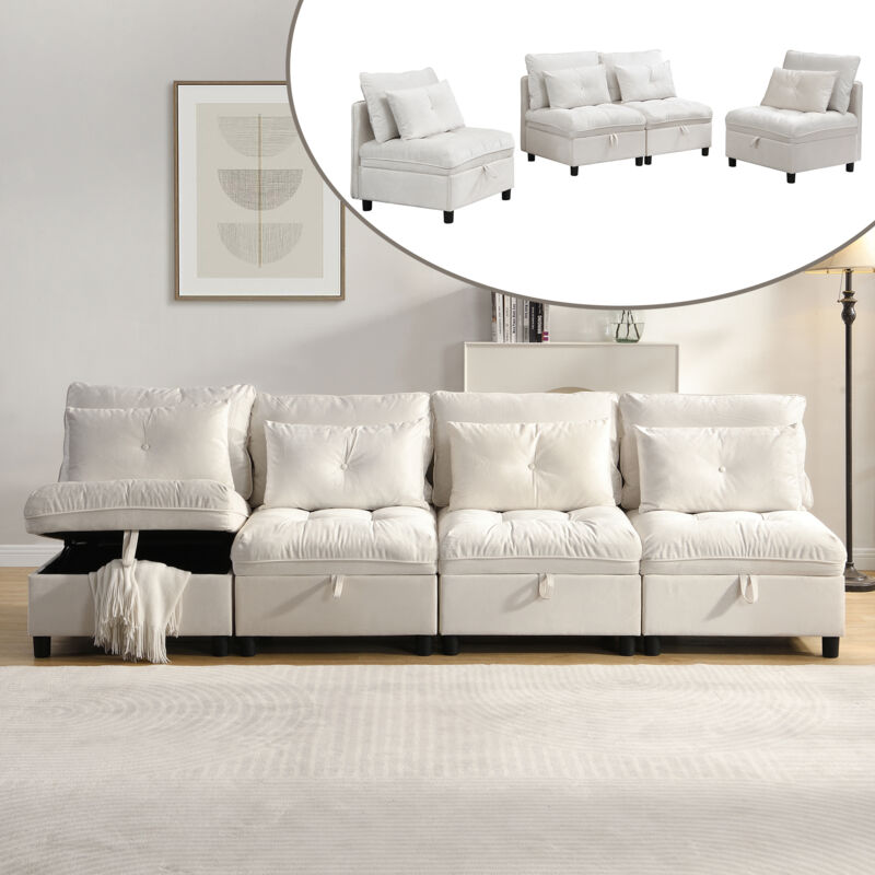 Canapé Modulable Cloud 4 Places avec Rangement Intégré et Fonction Couchage, Housse en Chenille et Design « Espace Libre » pour Combinasons Sur