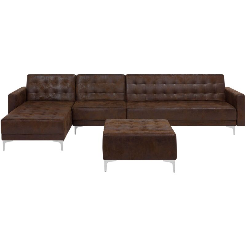 Canapé angle droite convertible simili-cuir marron 5 places avec pouf ABERDEEN