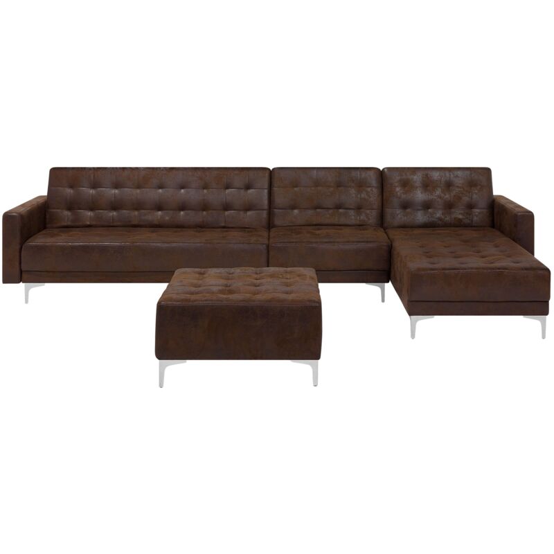 Canapé angle gauche convertible simili-cuir marron 5 places avec pouf ABERDEEN