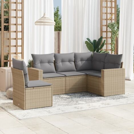 Canapé Modulable Jardin 5 Places avec Coussins - Ensemble en Résine Tressée Beige Gris, Stockage et Housse Lavable (5 Pièces)