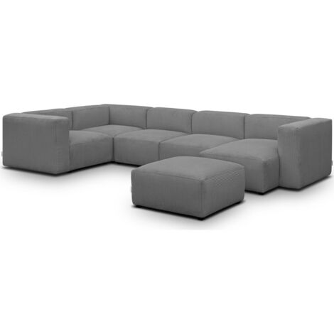 Canapé modulable panoramique 6 places avec méridienne à droite + pouf en velours côtelé gris clair - Modulo