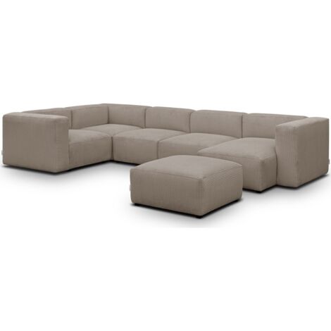Canapé modulable panoramique 6 places avec méridienne à droite + pouf en velours côtelé taupe - Modulo