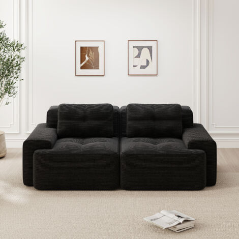 Canapé modulable sans ossature apparente, canapé de salon moderne avec assise profonde, canapé nuage confortable en velours côtelé, canapé deux places, canapé-lit, noir