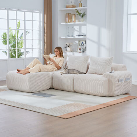 Canapé modulable velours côtelé 3 places beige avec poufs canapé salon familial confortable rangement intégré design