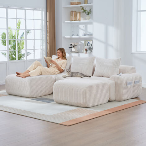 Canapé modulable velours côtelé 3 places beige avec poufs modulables porte-gobelets rangement salon familial confortable