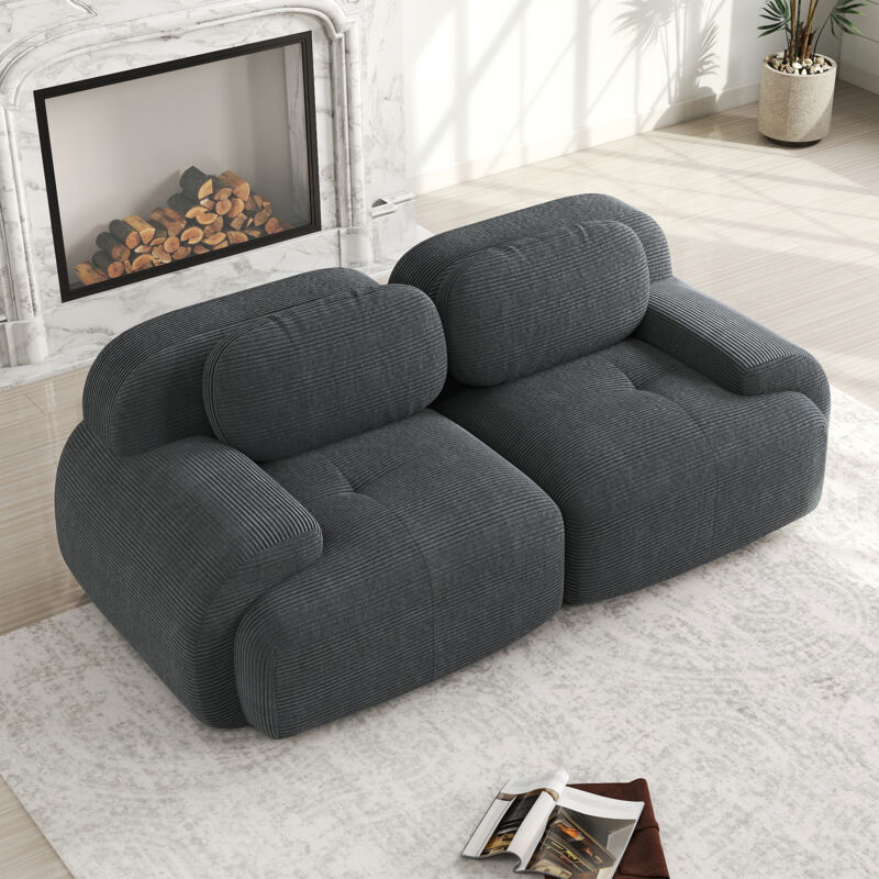 Canapé Modulaire 2 Places 208cm en Velours Côtelé Gris,Canapé Loveseat Confort Hautement Élastique,Accoudoirs Galbés,Base Anti-Dérapant,Multi-Pièces