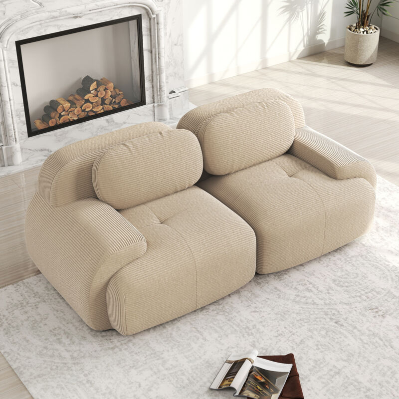 Canapé Modulaire 2 Places 208cm en Velours Côtelé Beige,Canapé Loveseat Confort Hautement Élastique,Accoudoirs Galbés,Base Anti-Dérapant,Multi-Pièces