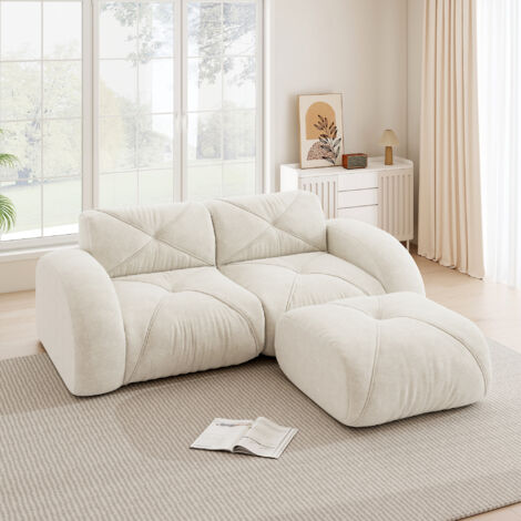 Canapé modulaire 2 places blanc avec tabouret mousse 32D tissu chenille. Résistant aux animaux design antidérapant pour salon.