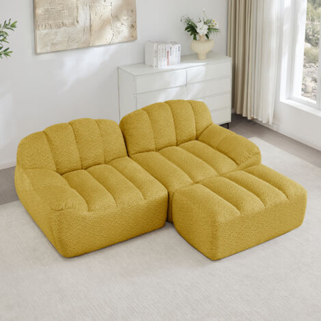 Canapé modulaire 2 places, Canapé d'angle en L sans cadre, forme de coque, 1 pouf, coussins d'assise profonds, aucun assemblage requis, velours, Jaune