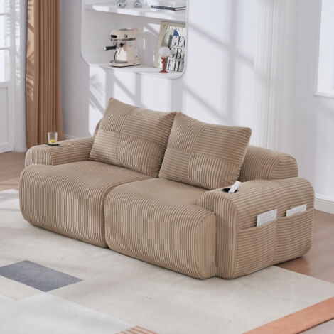 Canapé modulaire 2 places en velours côtelé avec porte-gobelet et poche latérale kaki, 200x99x80 cm