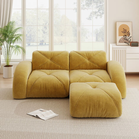 Canapé modulaire 2 places jaune avec tabouret mousse 32D tissu chenille. Résistant aux animaux design doux pour salon.