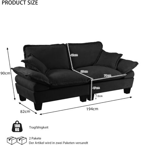 Canapé modulaire 2 places noir en chenille à accoudoirs courbés,confortable et compact pour petit appartement.