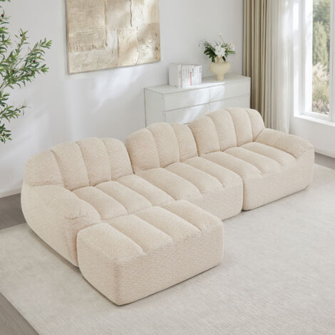 Canapé modulaire 3 places, Canapé d'angle en L sans cadre, forme de coque, 1 pouf, coussins d'assise profonds, aucun assemblage requis, Beige et Blanc