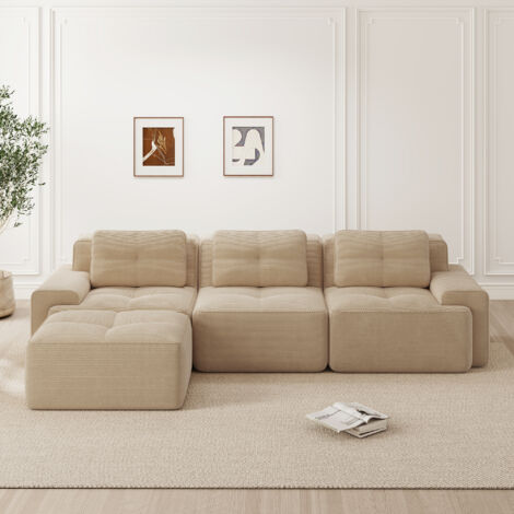Canapé Modulaire 3 Places, Velours Côtelé - Canapé d‘Angle avec Pouf, Confort Moelleux Sans Structure Rigide - Beige