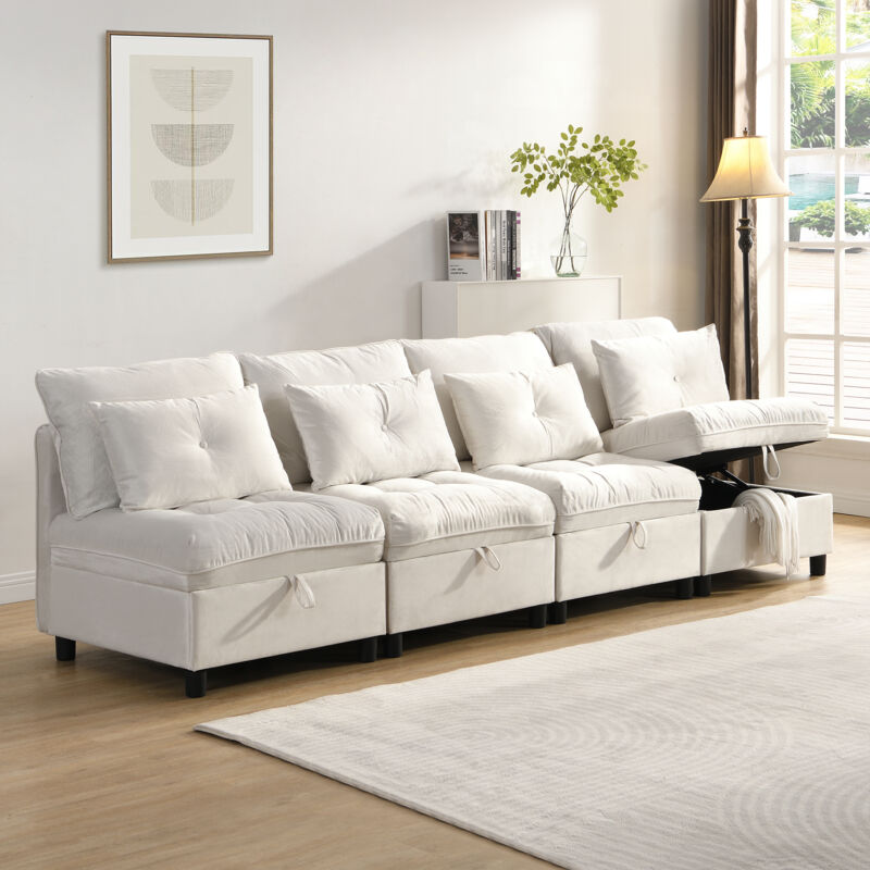 Canapé 4 places modules Coffres sous assises Confort nuage Mousse Chenille Beige