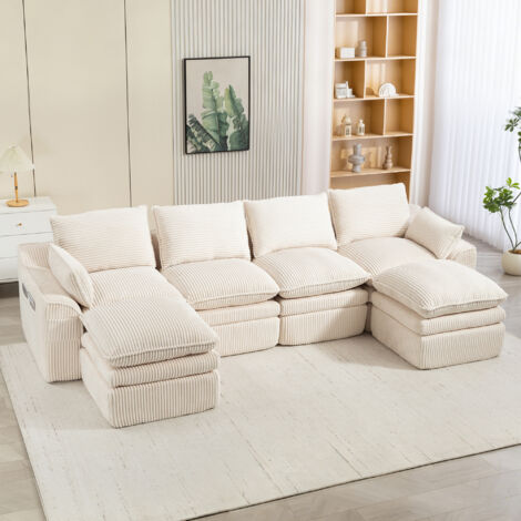 Canapé modulaire 4 places avec 2 poufs, coussins et poches latérales, en velours côtelé beige