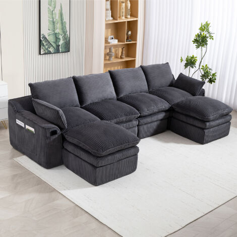 Canapé modulaire 4 places en velours côtelé gris foncé avec poches latérales et coussins, en gris foncé