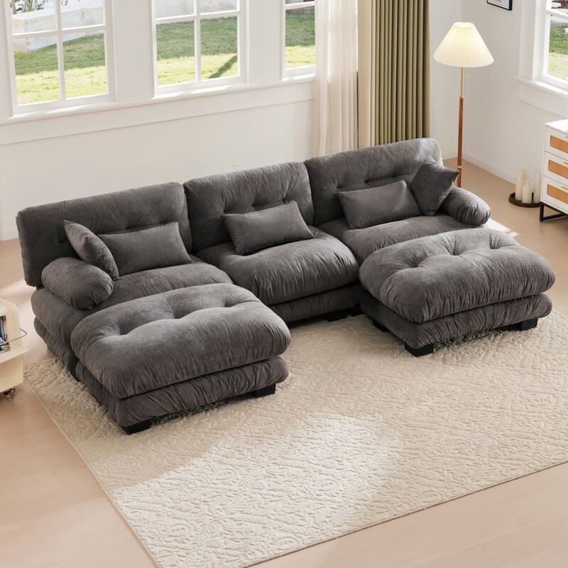 Canapé modulaire 5 places en velours, soutien lombaire, Design modulaire, pour salons familiaux et espaces compacts - Gris foncé