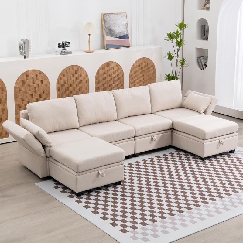 Canapé modulaire 6 places, canapé sectionnel en forme de l avec rangement pour le salon, canapé-lit en tissu moderne avec double ottoman et mousse à