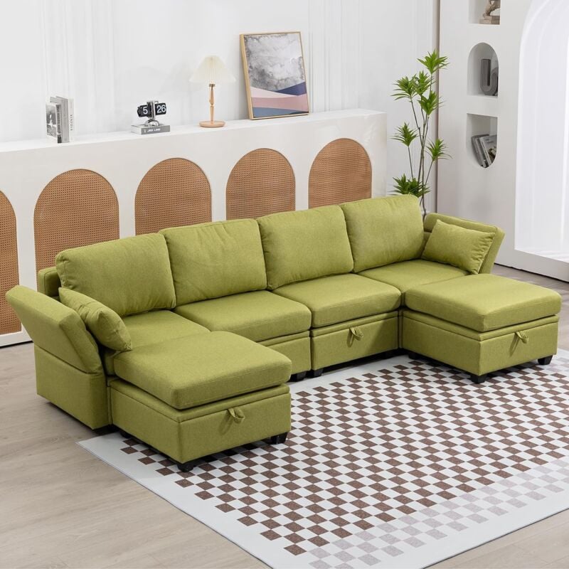 Canapé modulaire 6 places, canapé sectionnel en forme de l avec rangement pour le salon, canapé-lit en tissu moderne avec double ottoman et mousse à