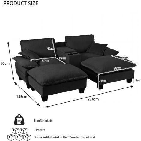 Canapé modulaire Cloud en U noir tissu chenille. Double rangement central,porte-gobelets,port USB,2 ottomans et coussins inclus.