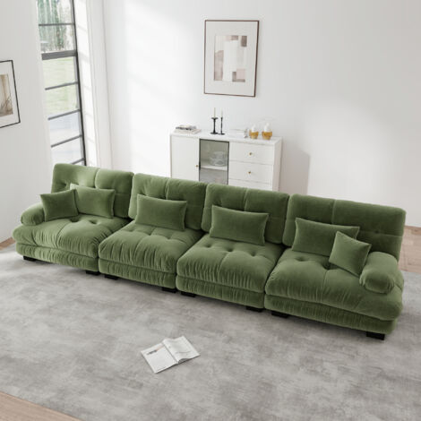Canapé modulaire d’angle 4 places vert chenille à siège profond. Convertible confortable pour salon,appartement,studio et bureau.