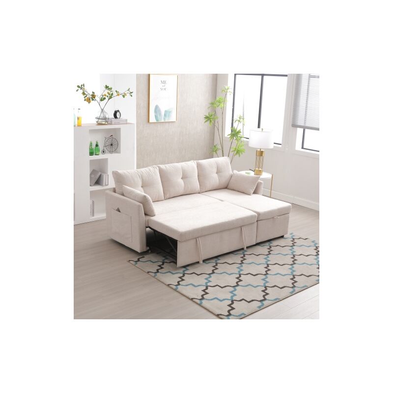 Wishdor - Canapé 3 places, canapé beige avec méridienne réversible et sièges de rangement