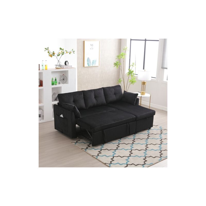 Wishdor - Canapé 3 places, canapé en velours noir avec méridienne réversible et sièges de rangement