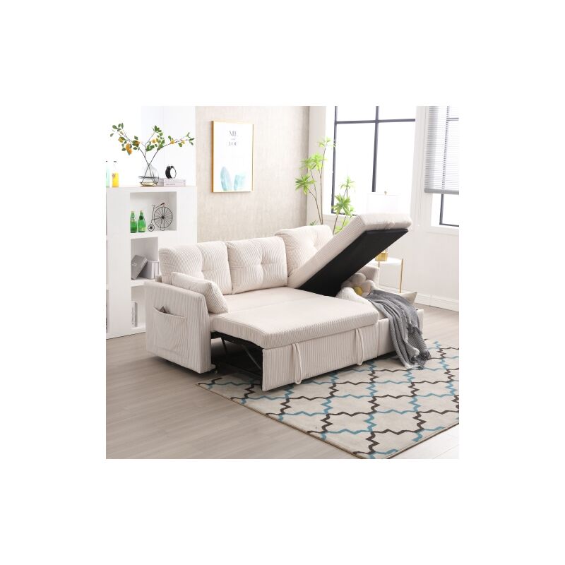 Wishdor - Canapé 3 places, canapé en velours beige avec méridienne réversible et sièges de rangement