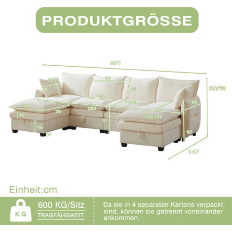Canapé modulaire en U avec espace de rangement,4 sièges et 2 repose-pieds. Housse en chenille et cadre bois massif,design moderne pour salon.
