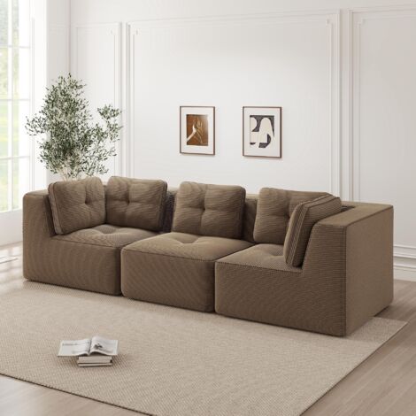 Canapé modulaire sans cadre, canapé d'angle, canapé confortable en velours côtelé, canapé trois places pour salon, assise profonde, aucun assemblage requis, marron.