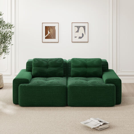 Canapé modulaire sans ossature apparente, canapé moderne pour salon avec assise profonde, canapé nuage confortable en velours côtelé, canapé deux places, canapé-lit, vert