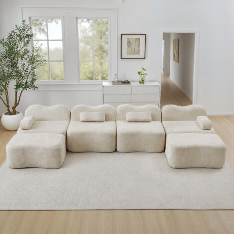 Canapé modulaire U 4 places beige forme de vague avec 2 ottomans. Mousse 32D,coussins mobiles et tissu doux adapté au salon.