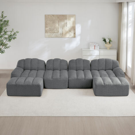 Canapé modulaire U 4 places gris avec 2 poufs. Forme coquille,mousse 32D haute densité,siège profond tissu doux parfait pour salon.