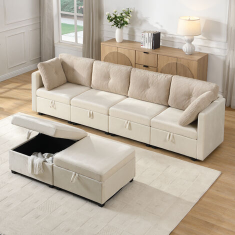 Canapé Modulaire U-Shape 261x132cm - 6 Modules Combinables - Configuration L ou U - Rangement Caché Sous Chaque Siège - 6 Coussins Inclus - Beige