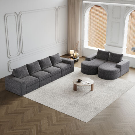 Canapé panoramique avec fauteuil inclinable incurvé, chaise longue modulaire en forme de L, canapé chenille, structure compressée sans cadre, design moderne, Gris