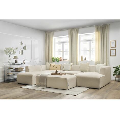 Canapé panoramique BOBOCHIC - Canapé panoramique fixe MEGEVE avec pouf tissu bouclette Angle droit  Beige
