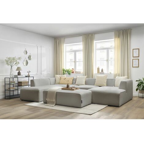 Canapé panoramique BOBOCHIC - Canapé panoramique fixe MEGEVE avec pouf tissu bouclette Angle droit  Gris clair