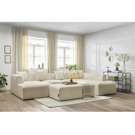 Canapé panoramique BOBOCHIC - Canapé panoramique fixe MEGEVE avec pouf tissu bouclette Angle gauche  Beige