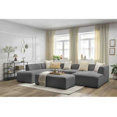 Canapé panoramique BOBOCHIC - Canapé panoramique fixe MEGEVE avec pouf tissu chiné Angle droit  Gris foncé