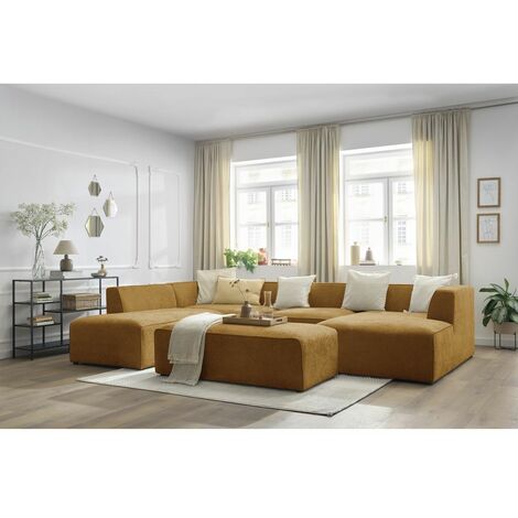 Canapé panoramique BOBOCHIC - Canapé panoramique fixe MEGEVE avec pouf tissu texturé Angle droit  Jaune